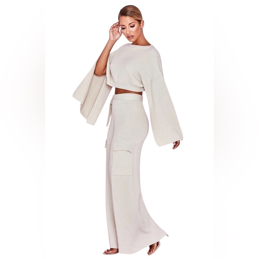 House of CB McKenzie Oatmeal Ribbed Knit Wide Leg Utility Trousers Size XS